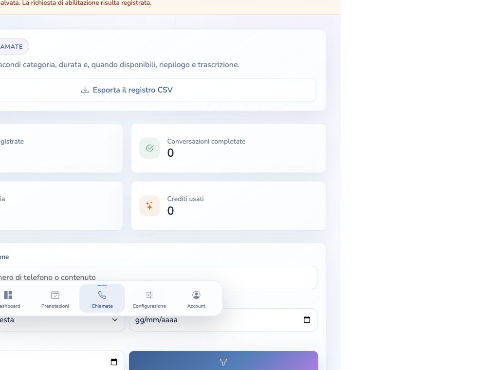 Schermata reale del registro chiamate nella dashboard Rispondimi